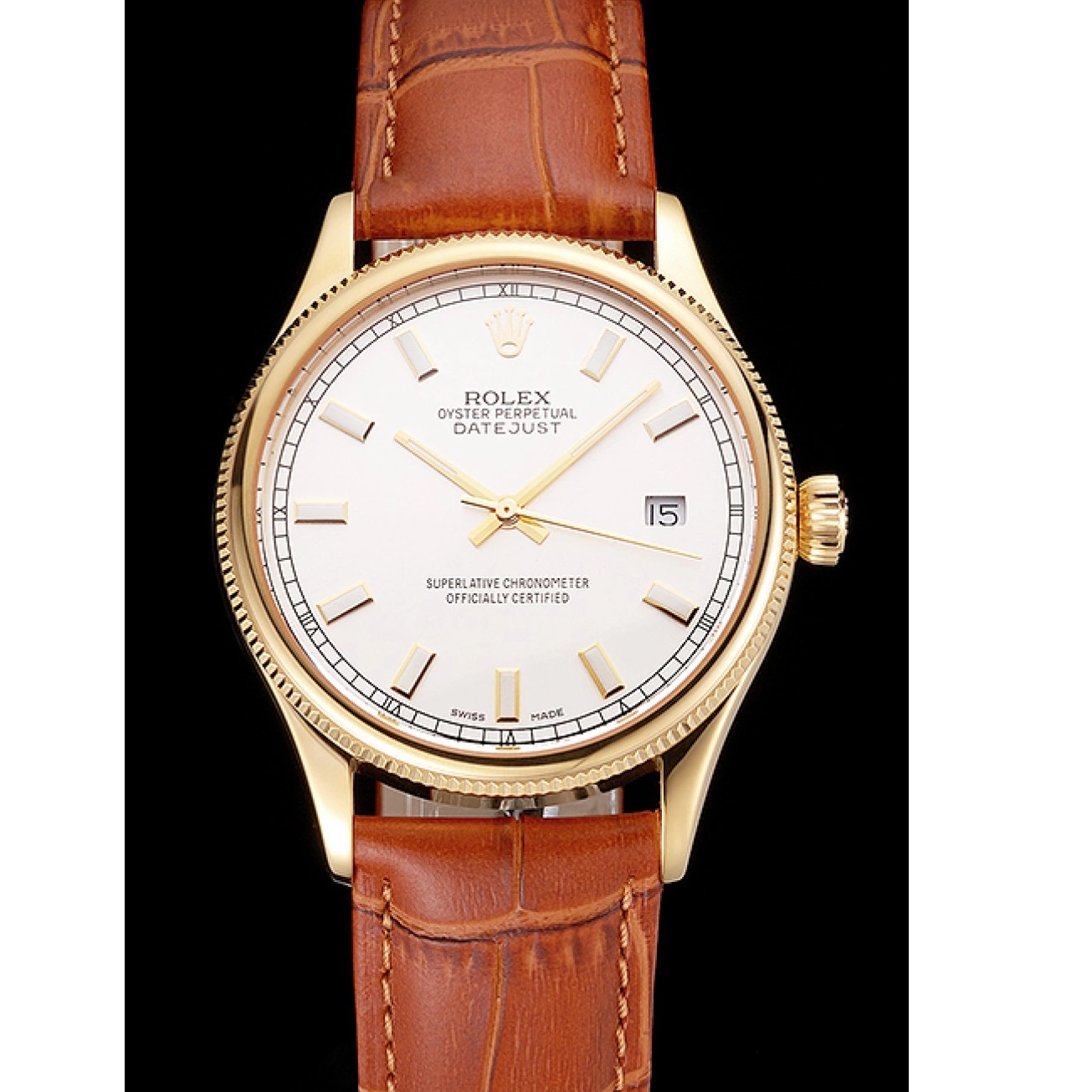Aaa replica watch Strap Rolex Brown Dial Leather Datejust Swiss Gold Case White Light 0724